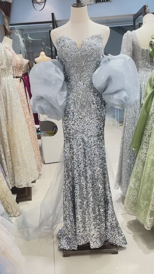 Wunderschönes glitzerndes Pailletten-Perlen-Herzstück-trägerloses Meerjungfrau-Langballkleid Partykleid Abendkleid DP6495
