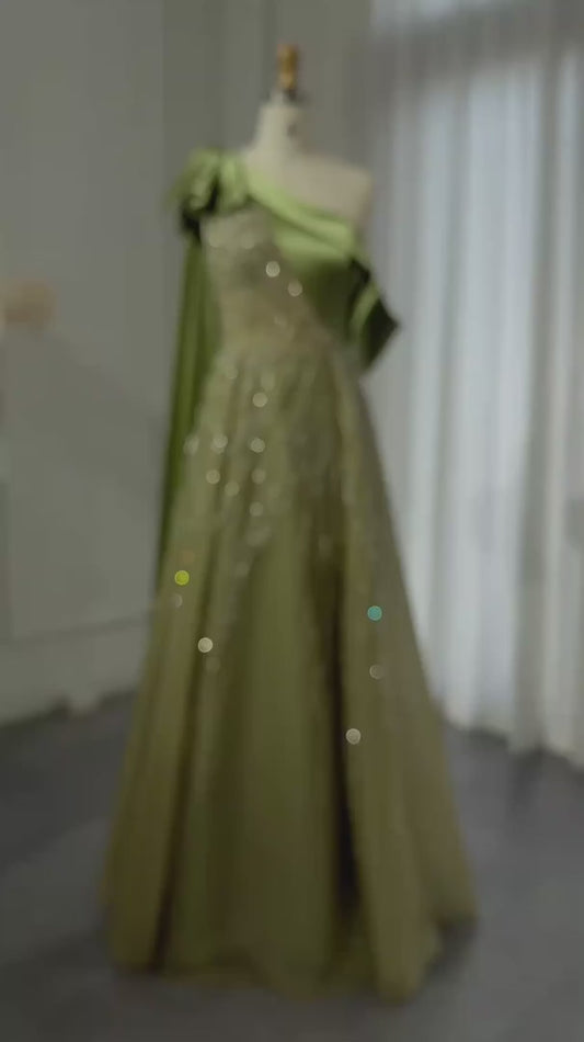 Wunderschönes, funkelndes, perlenbesetztes grünes One-Shoulder-A-Linien-Abendkleid mit hohem Schlitz, langes Ballkleid, DP6543