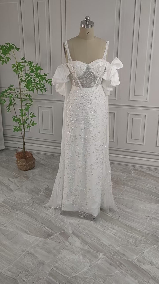 Wunderschönes weißes glitzerndes Pailletten-Perlen-Herzstück-A-Linie-langes Ballkleid Partykleid Abendkleid DP6496