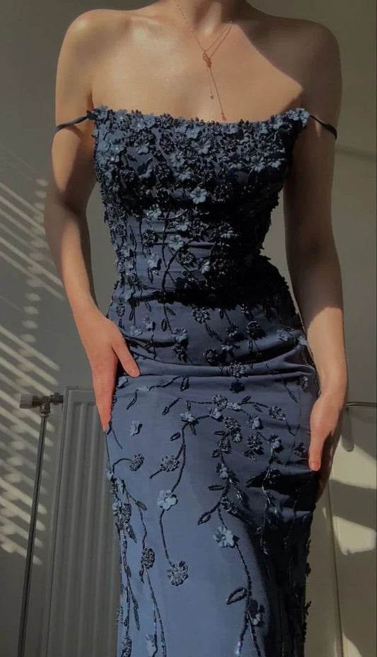 Charming Navy Blue Applique Spaghetti Strap Sheath Long Prom Dress Party Dress Evening Dress DP6467