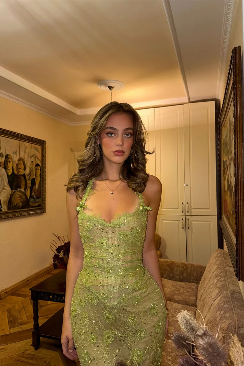 Enchanting Sage Green Sequin Mermaid Evening Gown with Lace Appliqués DP8015