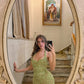 Enchanting Sage Green Sequin Mermaid Evening Gown with Lace Appliqués DP8015