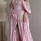 Vintage Pink Off-Shoulder Maxi Evening Gown Puff Sleeves Slit Prom Dress DP7837