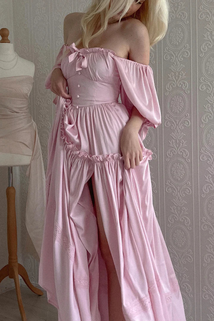 Vintage Pink Off-Shoulder Maxi Evening Gown Puff Sleeves Slit Prom Dress DP7837