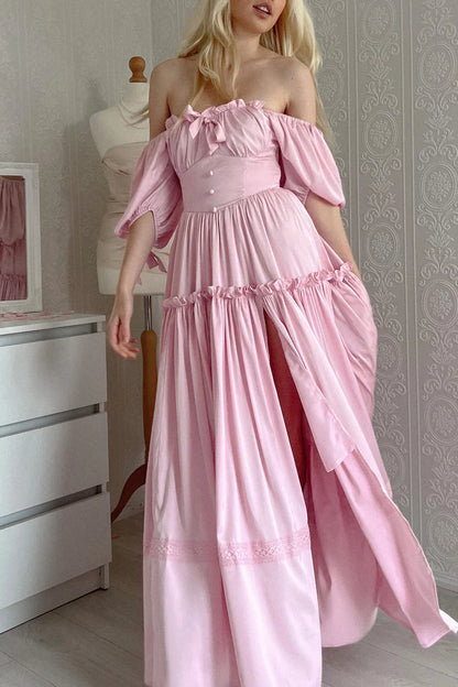 Vintage Pink Off-Shoulder Maxi Evening Gown Puff Sleeves Slit Prom Dress DP7837