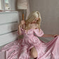 Vintage Pink Off-Shoulder Maxi Evening Gown Puff Sleeves Slit Prom Dress DP7837