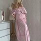 Vintage Pink Off-Shoulder Maxi Evening Gown Puff Sleeves Slit Prom Dress DP7837