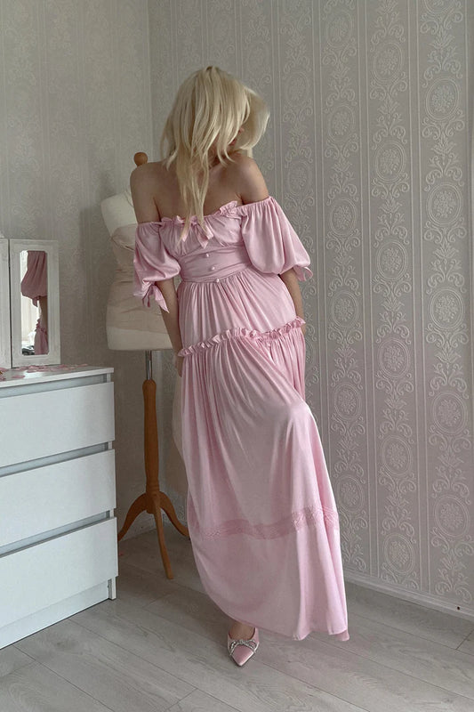 Vintage Pink Off-Shoulder Maxi Evening Gown Puff Sleeves Slit Prom Dress DP7837