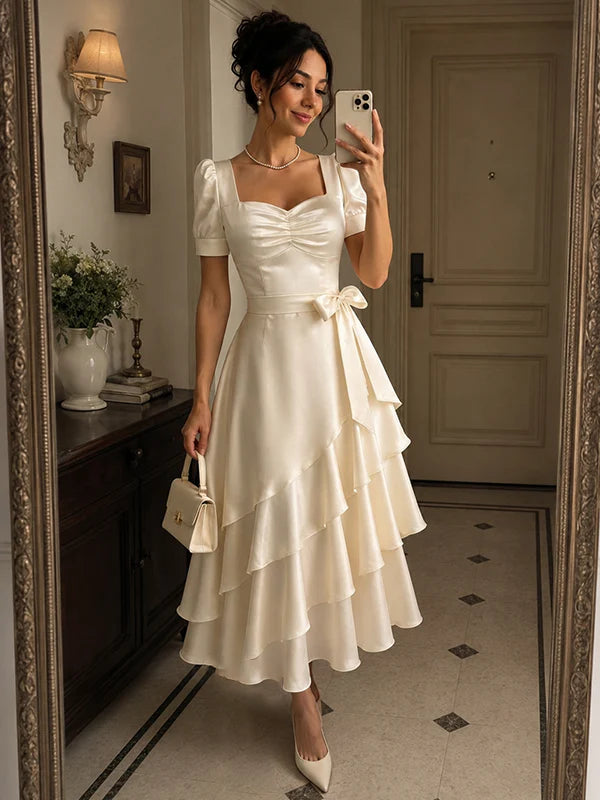 Elegant Ivory Satin Square Neck Short Puff Sleeve Tiered Midi A-Line Evening Dress DP8664
