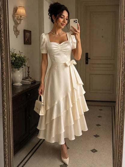 Elegant Ivory Satin Square Neck Short Puff Sleeve Tiered Midi A-Line Evening Dress DP8664