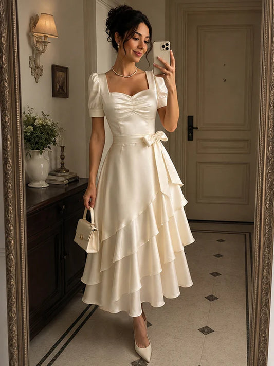 Robe de soirée midi trapèze élégante en satin ivoire à encolure carrée et manches courtes bouffantes étagées DP8664