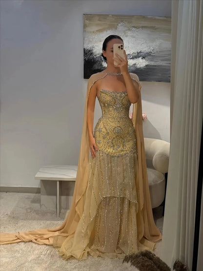 Glamorous Gold Sequin Evening Dress with Sheer Cape Overlay DP8006