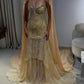 Glamorous Gold Sequin Evening Dress with Sheer Cape Overlay DP8006