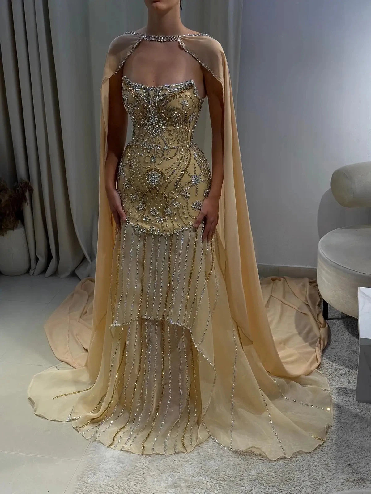 Glamorous Gold Sequin Evening Dress with Sheer Cape Overlay DP8006