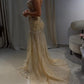 Glamorous Gold Sequin Evening Dress with Sheer Cape Overlay DP8006