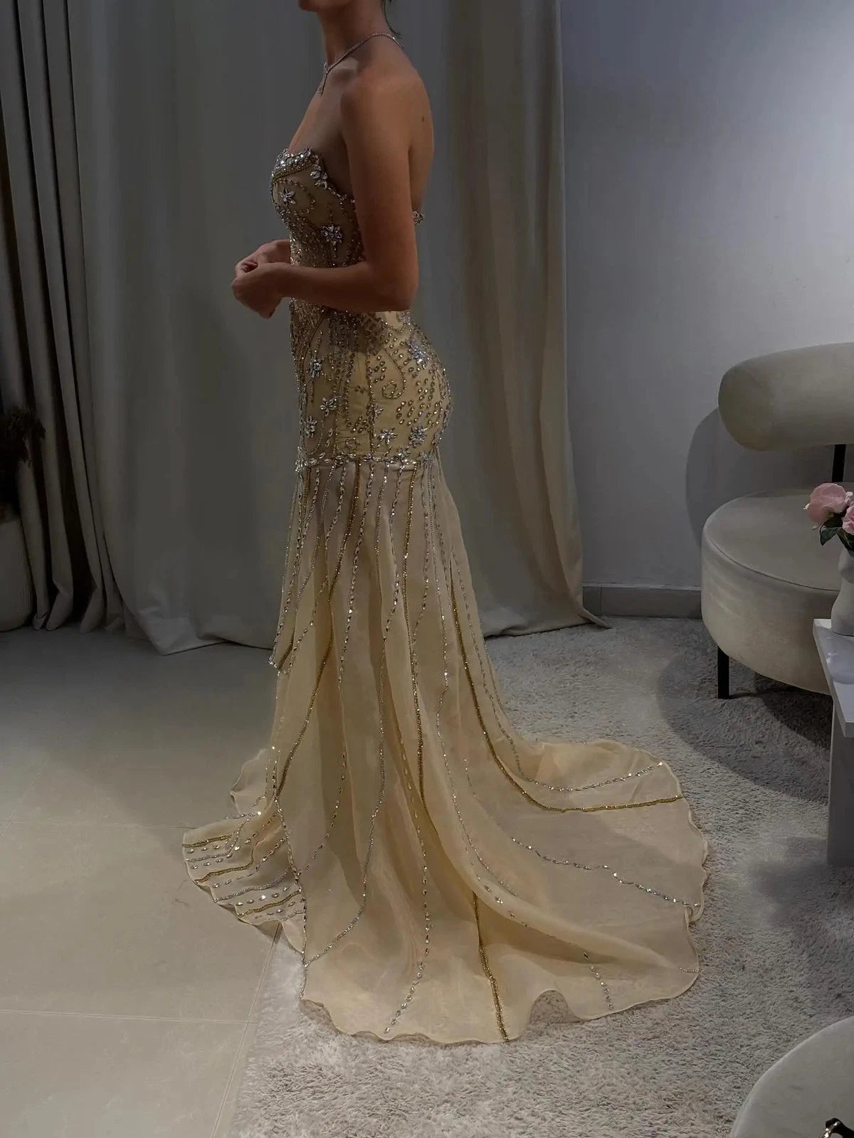Glamorous Gold Sequin Evening Dress with Sheer Cape Overlay DP8006