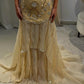 Glamorous Gold Sequin Evening Dress with Sheer Cape Overlay DP8006