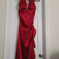 Robe de bal vintage en satin rouge vif, col en V, volants, dos nu, robe de soirée trapèze, DP6567