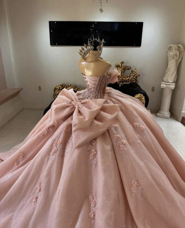 Gorgeous Pink Applique Strapless Sweet 16 Quinceanera A-Line Floor-length Prom Dress Birthday Dress Evening Dress Ball Gown DP6511