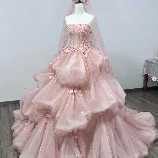 Elegantes rosa trägerloses A-Linien-Ballkleid mit Applikationen für Sweet 16 Quinceanera, bodenlang, Geburtstagskleid, Abendkleid, Ballkleid, DP6512