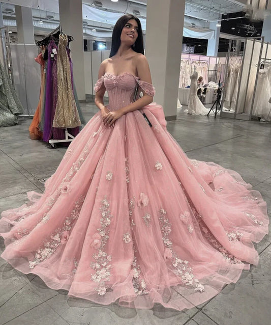 Wunderschönes rosa Sweetheart-Applikation-Schulterfreies A-Linien-Ballkleid für Sweet 16 Quinceanera Geburtstagskleid Abendkleid Ballkleid DP6529
