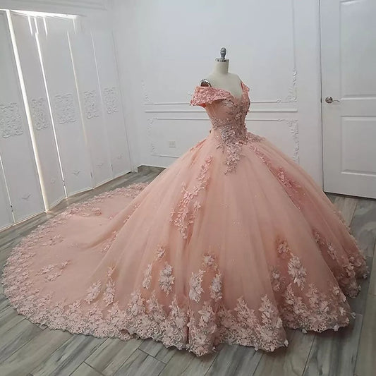 Wunderschönes rosa schulterfreies A-Linien-Ballkleid mit Applikationen für Sweet 16 Quinceanera, bodenlang, Geburtstagskleid, Abendkleid, Ballkleid, DP6510
