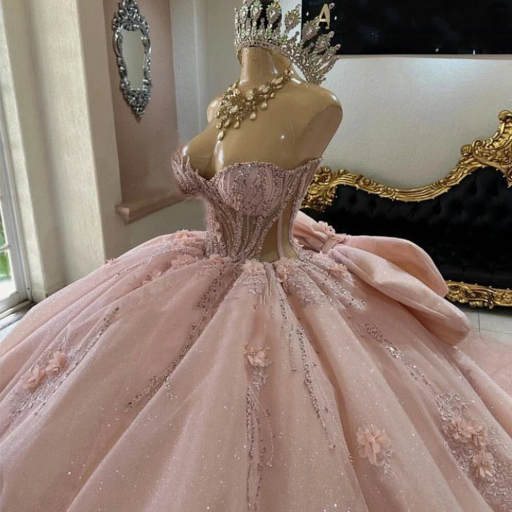 Gorgeous Pink Applique Strapless Sweet 16 Quinceanera A-Line Floor-length Prom Dress Birthday Dress Evening Dress Ball Gown DP6511