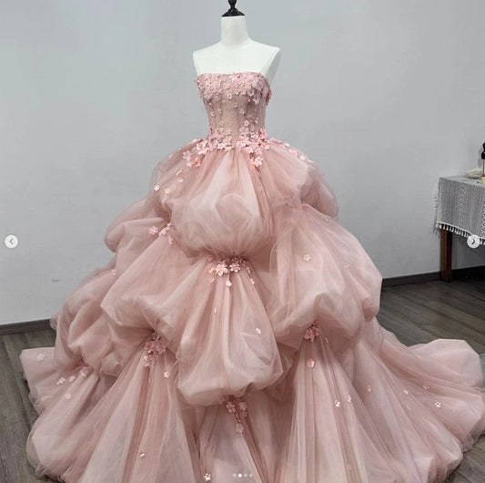 Elegantes rosa trägerloses A-Linien-Ballkleid mit Applikationen für Sweet 16 Quinceanera, bodenlang, Geburtstagskleid, Abendkleid, Ballkleid, DP6512