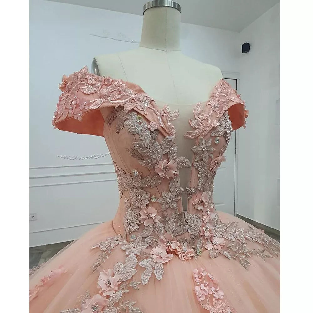 Gorgeous Pink Applique Off-the-shoulder Sweet 16 Quinceanera A-Line Floor-length Prom Dress Birthday Dress Evening Dress Ball Gown DP6510