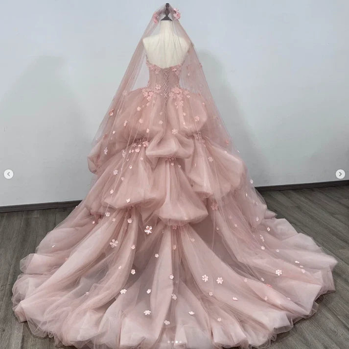 Elegant Pink Applique Strapless Sweet 16 Quinceanera A-Line Floor-length Prom Dress Birthday Dress Evening Dress Ball Gown DP6512