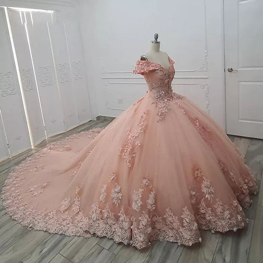 Wunderschönes rosa schulterfreies A-Linien-Ballkleid mit Applikationen für Sweet 16 Quinceanera, bodenlang, Geburtstagskleid, Abendkleid, Ballkleid, DP6510
