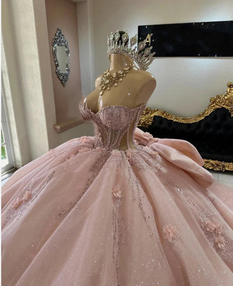 Gorgeous Pink Applique Strapless Sweet 16 Quinceanera A-Line Floor-length Prom Dress Birthday Dress Evening Dress Ball Gown DP6511