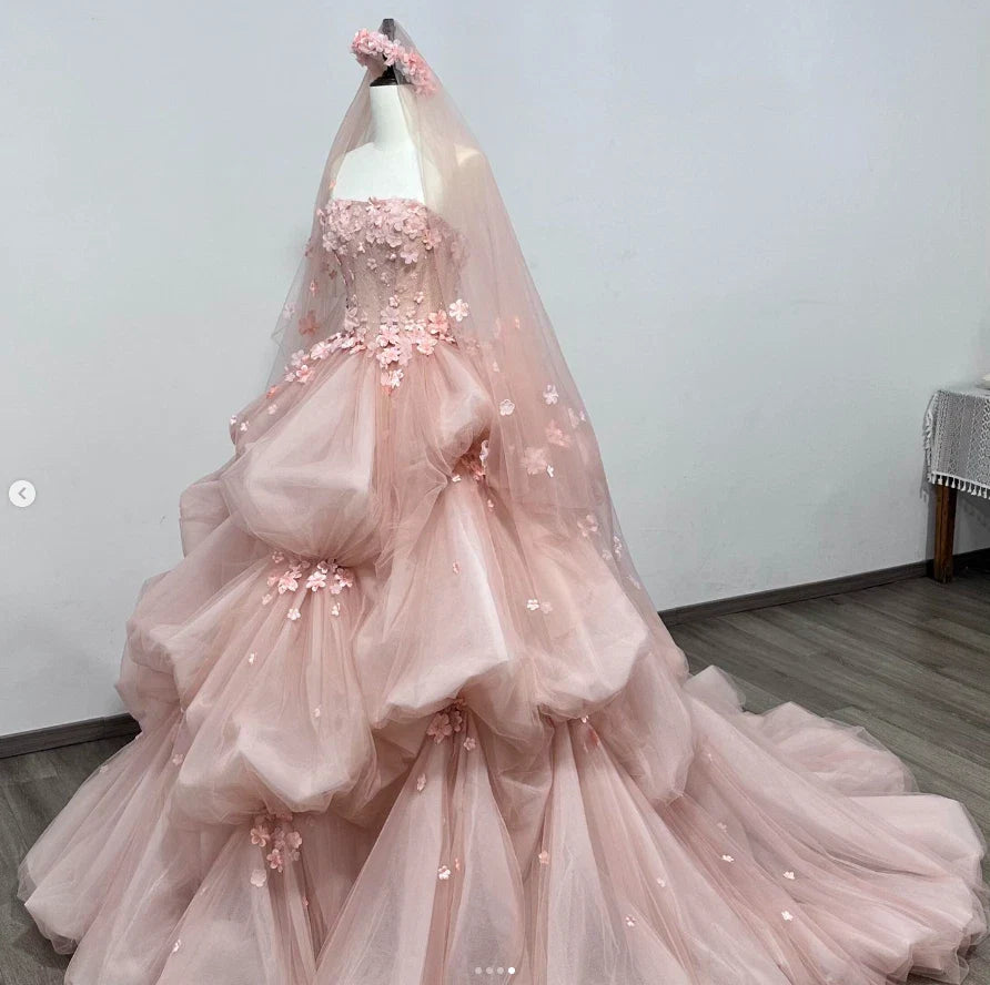 Elegant Pink Applique Strapless Sweet 16 Quinceanera A-Line Floor-length Prom Dress Birthday Dress Evening Dress Ball Gown DP6512