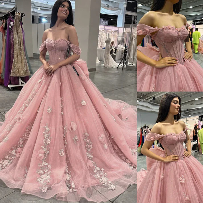 Wunderschönes rosa Sweetheart-Applikation-Schulterfreies A-Linien-Ballkleid für Sweet 16 Quinceanera Geburtstagskleid Abendkleid Ballkleid DP6529