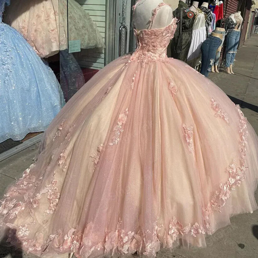 Retro Pink Sweetheart Appliqued 3D Flower A-Line Tulle 18 Birthday Quinceanera Dresses Evening Ball Gowns DP6138