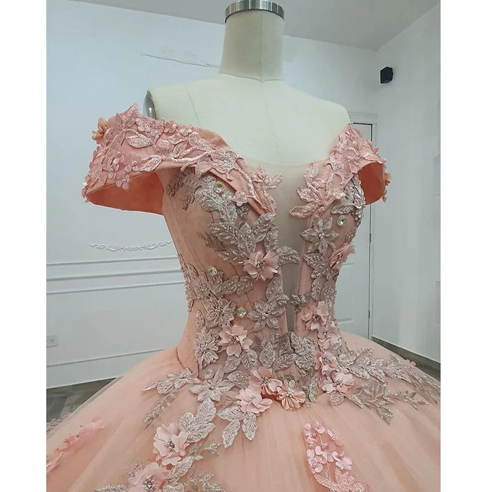 Gorgeous Pink Applique Off-the-shoulder Sweet 16 Quinceanera A-Line Floor-length Prom Dress Birthday Dress Evening Dress Ball Gown DP6510