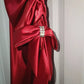 Robe de bal vintage en satin rouge vif, col en V, volants, dos nu, robe de soirée trapèze, DP6567