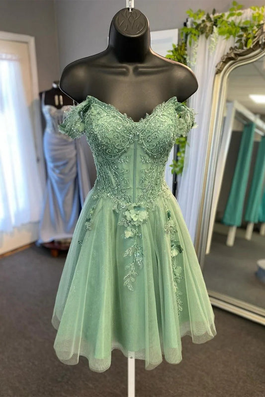 Fashion Light Green Beaded Appliques Design A-line Off-the-shoulder Homecoming Dress, DP5828