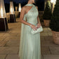 Elegant Sage Green One-Shoulder Chiffon Lace Appliques Sheath Prom Dress DP8486