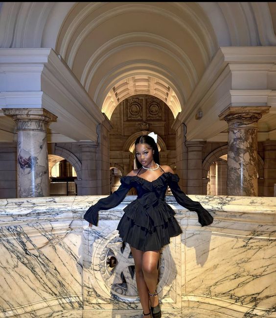 Elegant Black Off-the-Shoulder Ruffled Tiered Mini Long Flare Sleeve A-Line Homecoming Dress DP8730