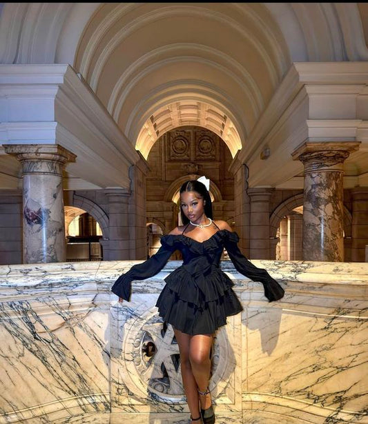 Elegant Black Off-the-Shoulder Ruffled Tiered Mini Long Flare Sleeve A-Line Homecoming Dress DP8730