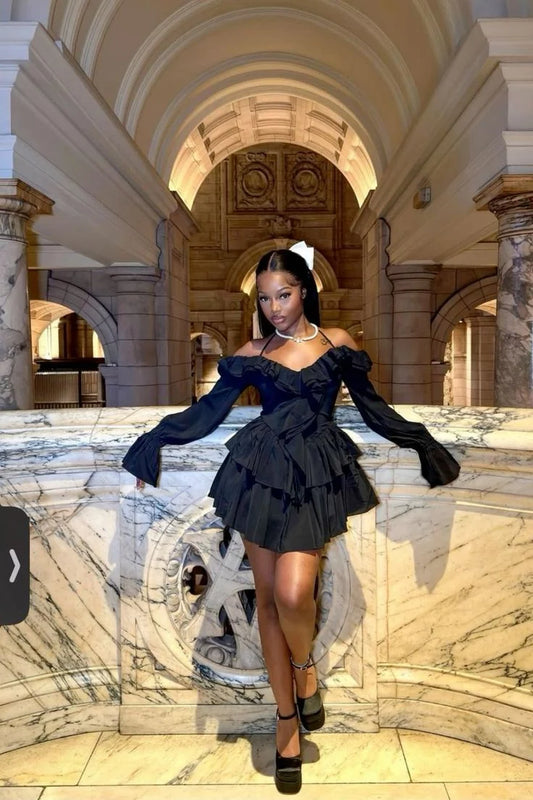 Elegant Black Off-the-Shoulder Ruffled Tiered Mini Long Flare Sleeve A-Line Homecoming Dress DP8730