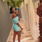 Vintage Tiffany Blue Off-the-Shoulder Satin Bodycon Homecoming Dress DP8493