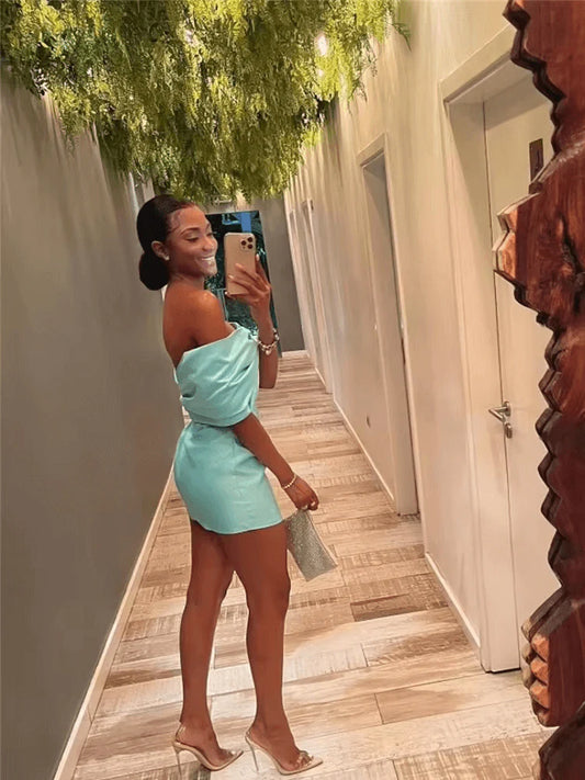 Vintage Tiffany Blue Off-the-Shoulder Satin Bodycon Homecoming Dress DP8493