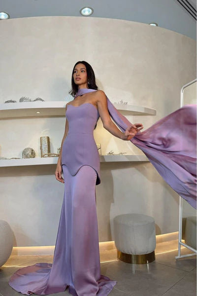 Chic Lilac Sheath Prom Dress Evening Gown Strapless Party Dress Long Formal Dress DP6939
