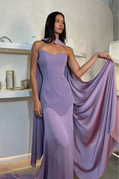 Chic Lilac Sheath Prom Dress Evening Gown Strapless Party Dress Long Formal Dress DP6939