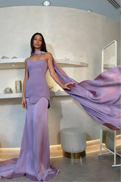 Chic Lilac Sheath Prom Dress Evening Gown Strapless Party Dress Long Formal Dress DP6939