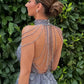 Vintage Navy Blue Appliqued Beaded Backless Design A-line Tulle Party Dress Homecoming Dress DP6082
