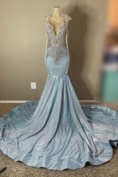 Robe de bal sirène bleu ciel vintage, robe de soirée scintillante à perles, dos nu, longue robe de soirée formelle DP6832