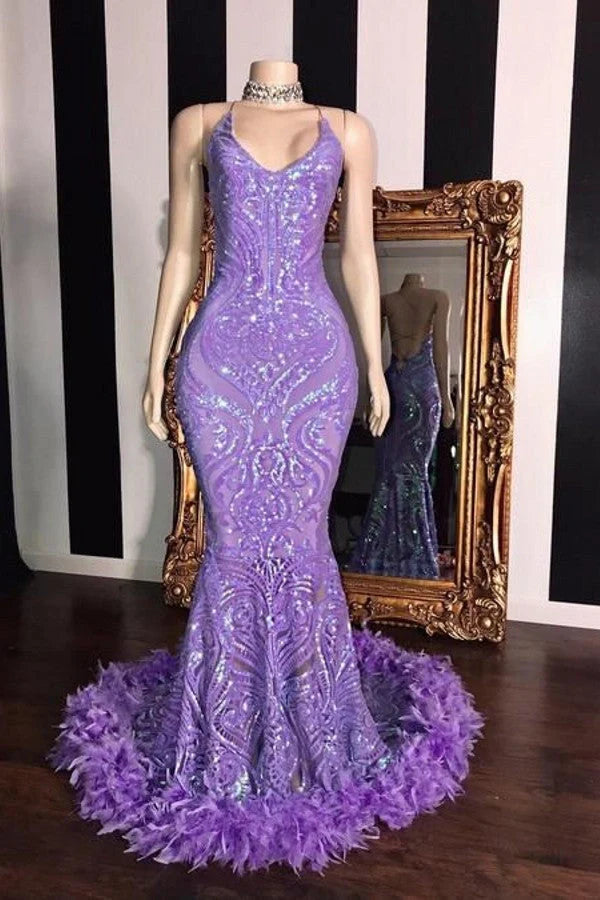 Glamorous Lavender Sequin Mermaid Evening Gown Feather Trimmed Train DP8019